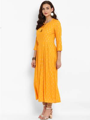 Yellow printed rayon long-kurtis 4