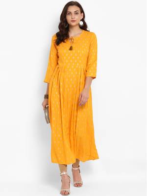 Yellow printed rayon long-kurtis 5