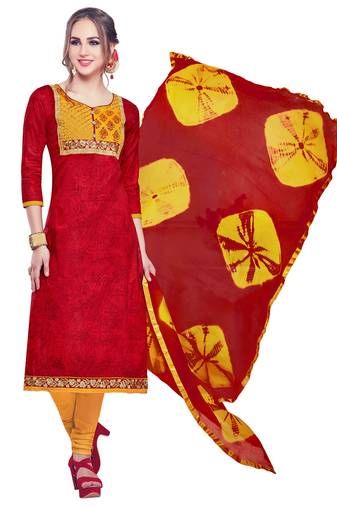 Red Embroidered Cotton Salwar With Dupatta