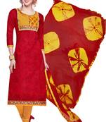 Red Embroidered Cotton Salwar With Dupatta
