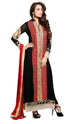 Black embroidered georgette semi stitched salwar with dupatta 1