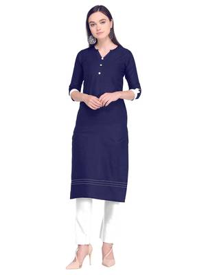 Navy Blue Dyed Work Cambric Cotton Straight Women'S Stitched Kurti 1