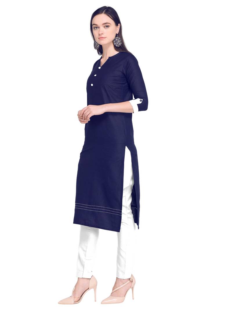 Navy Blue Dyed Work Cambric Cotton Straight Women'S Stitched Kurti
