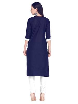 Navy Blue Dyed Work Cambric Cotton Straight Women'S Stitched Kurti 3
