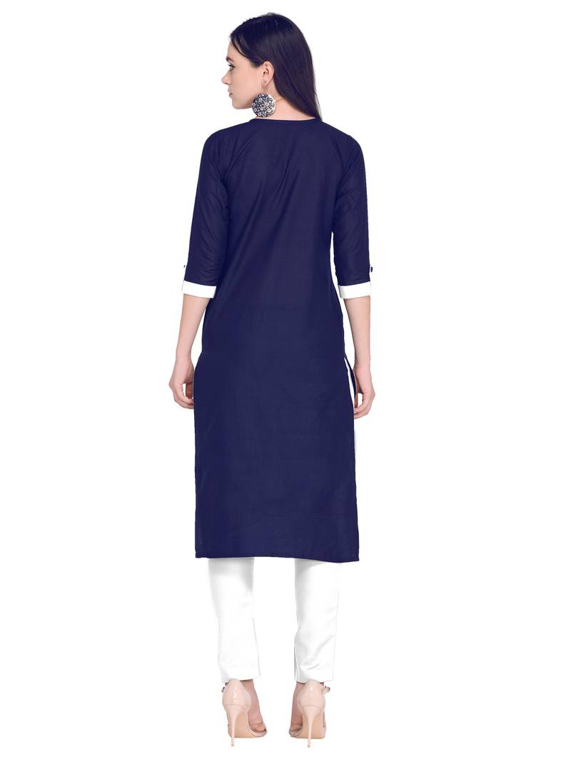 Navy Blue Dyed Work Cambric Cotton Straight Women'S Stitched Kurti