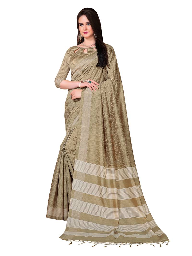 Beige Ethnic Paisley Digital Prints Bhagalpuri Silk Blend Saree