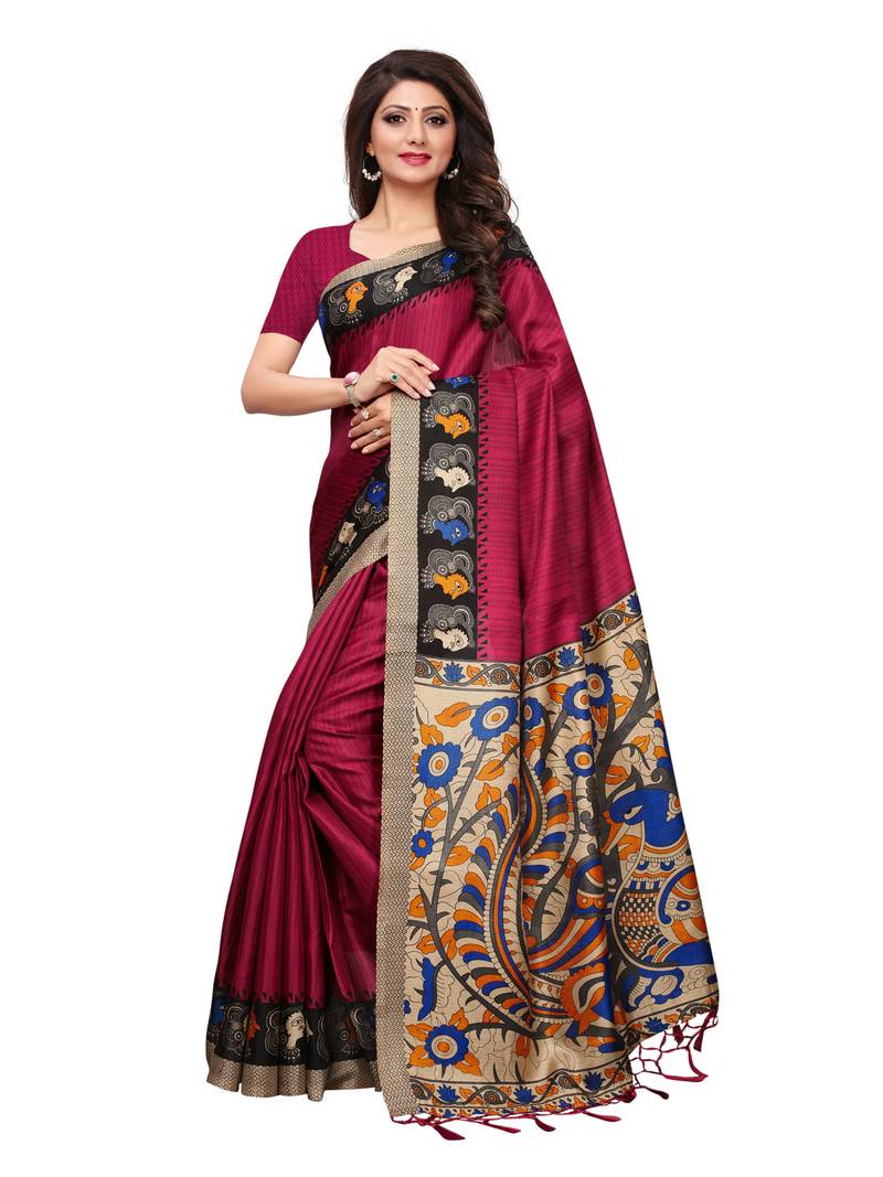 Maroon printed art silk saree with blouse