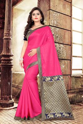 Rani Pink Plain Art Silk Saree With Blouse 1