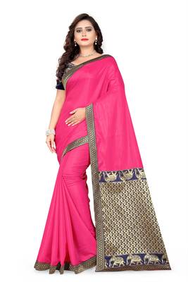 Rani Pink Plain Art Silk Saree With Blouse 2