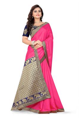 Rani Pink Plain Art Silk Saree With Blouse 3