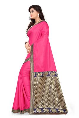 Rani Pink Plain Art Silk Saree With Blouse 4