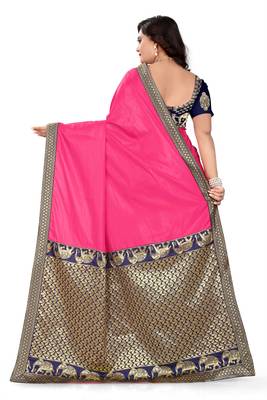 Rani Pink Plain Art Silk Saree With Blouse 5