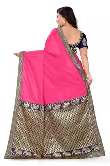 Rani Pink Plain Art Silk Saree With Blouse