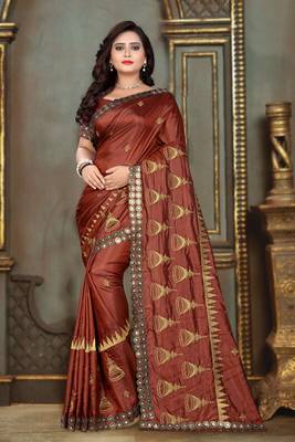 Brown Embroidered Art Silk Saree With Blouse 1