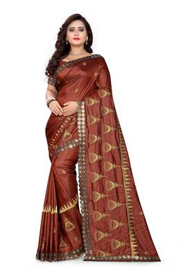 Brown Embroidered Art Silk Saree With Blouse 2