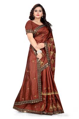 Brown Embroidered Art Silk Saree With Blouse 3