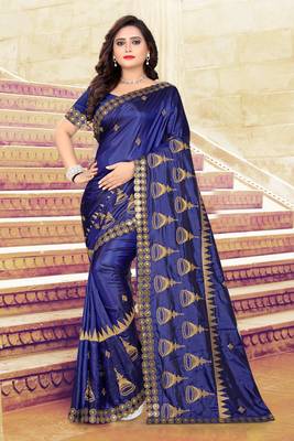 Blue Embroidered Art Silk Saree With Blouse 1