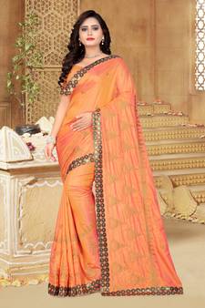 Orange Embroidered Art Silk Saree With Blouse
