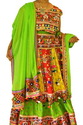Multicolour yellow green navratri mirror work Kutch lehenga choli blouse and dupatta 1