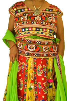 Multicolour yellow green navratri mirror work Kutch lehenga choli blouse and dupatta 2