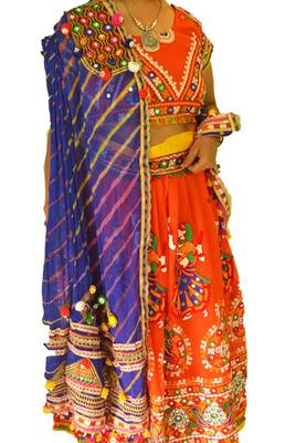 Multicolour Blue Orange navratri mirror work Kutch lehenga choli blouse and dupatta 1