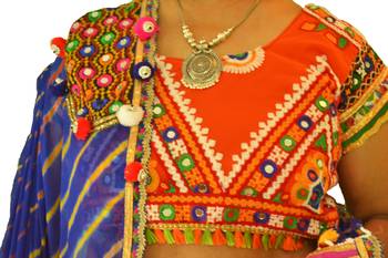 Multicolour Blue Orange navratri mirror work Kutch lehenga choli blouse and dupatta 2