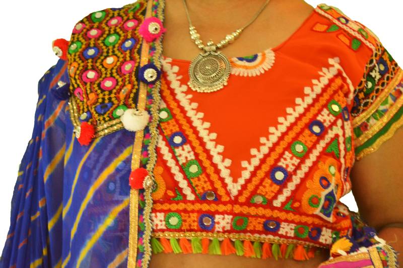 Multicolour Blue Orange navratri mirror work Kutch lehenga choli blouse and dupatta