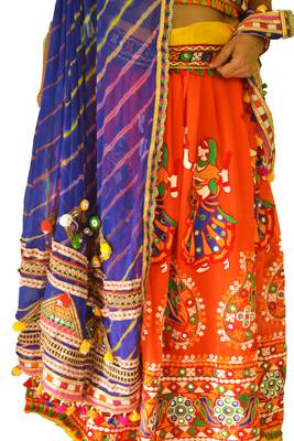 Multicolour Blue Orange navratri mirror work Kutch lehenga choli blouse and dupatta 3