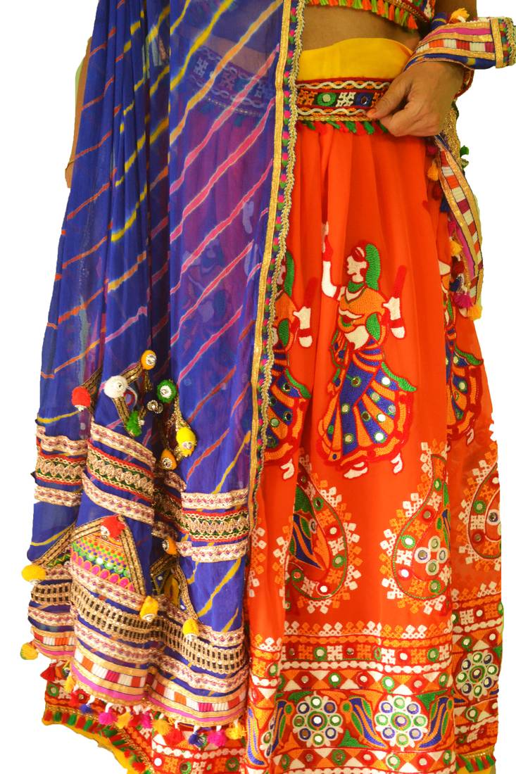 Multicolour Blue Orange navratri mirror work Kutch lehenga choli blouse and dupatta