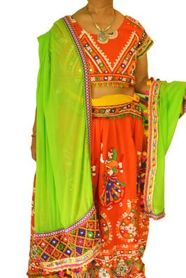 Multicolour Orange green navratri mirror work Kutch lehenga choli blouse and dupatta 1
