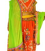 Multicolour Orange green navratri mirror work Kutch lehenga choli blouse and dupatta