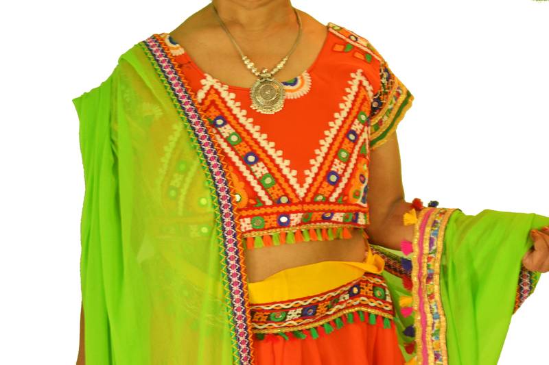 Multicolour Orange green navratri mirror work Kutch lehenga choli blouse and dupatta
