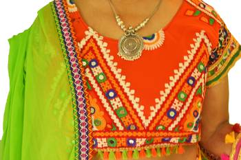 Multicolour Orange green navratri mirror work Kutch lehenga choli blouse and dupatta 3