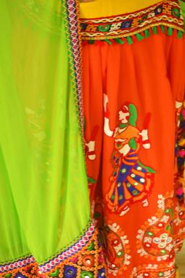 Multicolour Orange green navratri mirror work Kutch lehenga choli blouse and dupatta 4