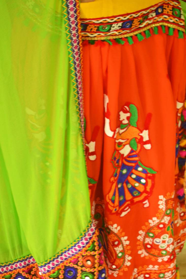 Multicolour Orange green navratri mirror work Kutch lehenga choli blouse and dupatta