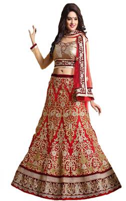 Red embroidered net unstitched lehenga 2