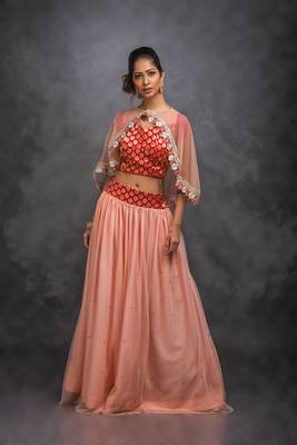 Peach embroidered net stitched lehenga with dupatta 1