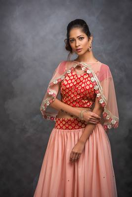 Peach embroidered net stitched lehenga with dupatta 2