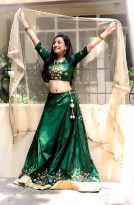 Dark green embroidered art silk stitched lehenga with dupatta 1