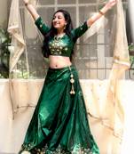 Dark green embroidered art silk stitched lehenga with dupatta