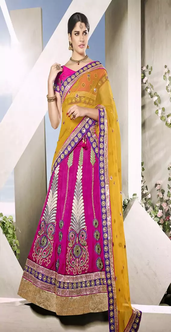 Multicolor Art Silk And  Dupatta Net Patch Work And Stone Work And Zari Work Unstitched Lehenga Choli