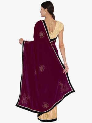 Chhabra 555  Burgundy Embellished velvet Half and Half saree with blouse 2