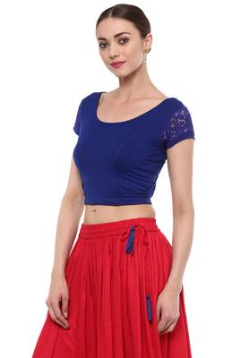 Blue Cotton Lycra Stretchable Readymade Free Size Blouse For Women 4