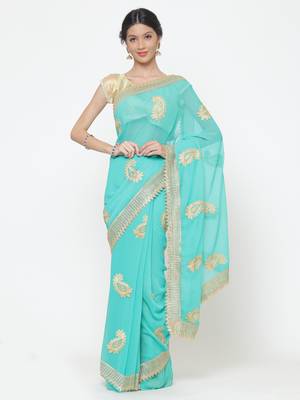 Chhabra 555  Turquoise Blue embroidered Poly Georgette Heavy Work saree with blouse 1