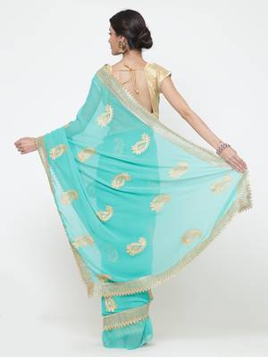 Chhabra 555  Turquoise Blue embroidered Poly Georgette Heavy Work saree with blouse 2