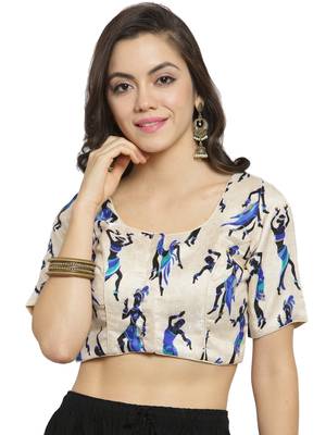 Women's Banglori Silk Beige & Blue Princess Cut Warli Print Readymade Blouse 1