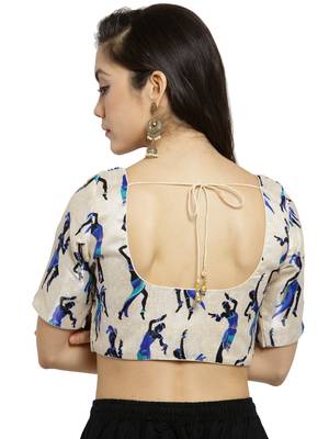 Women's Banglori Silk Beige & Blue Princess Cut Warli Print Readymade Blouse 2