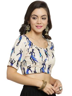 Women's Banglori Silk Beige & Blue Princess Cut Warli Print Readymade Blouse 3