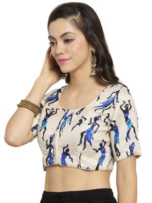 Women's Banglori Silk Beige & Blue Princess Cut Warli Print Readymade Blouse 4