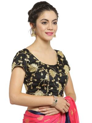 Women's Dupion Silk Black Princess Cut Gota Patti Work Readymade Blouse 3
